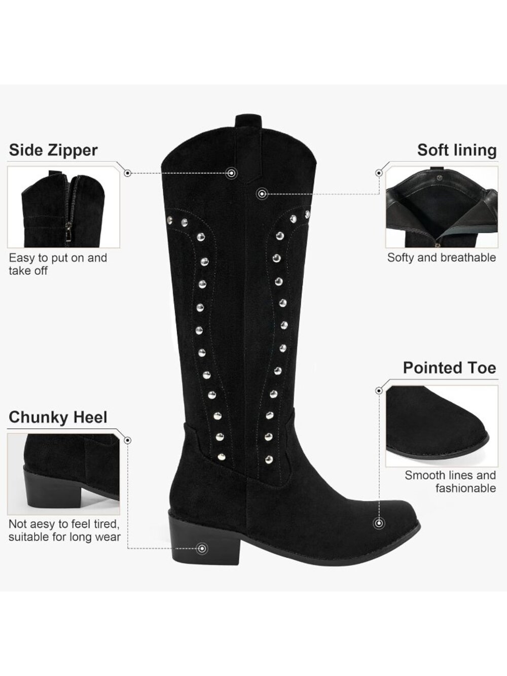 Women's Black Western Knee High Wide Calf Suede Cowgirl Boots Comfortable - Picture 4 of 5